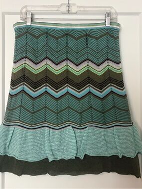 M Missoni Chevron Knit A-Line Knit Skirt in Teal, Olive, Pink and Lime Accents